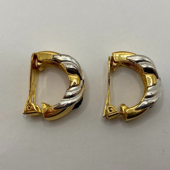 Vintage Two-Tone Gold and Silver Costume Clip-on Hoop Earrings - Picture 4 of 9